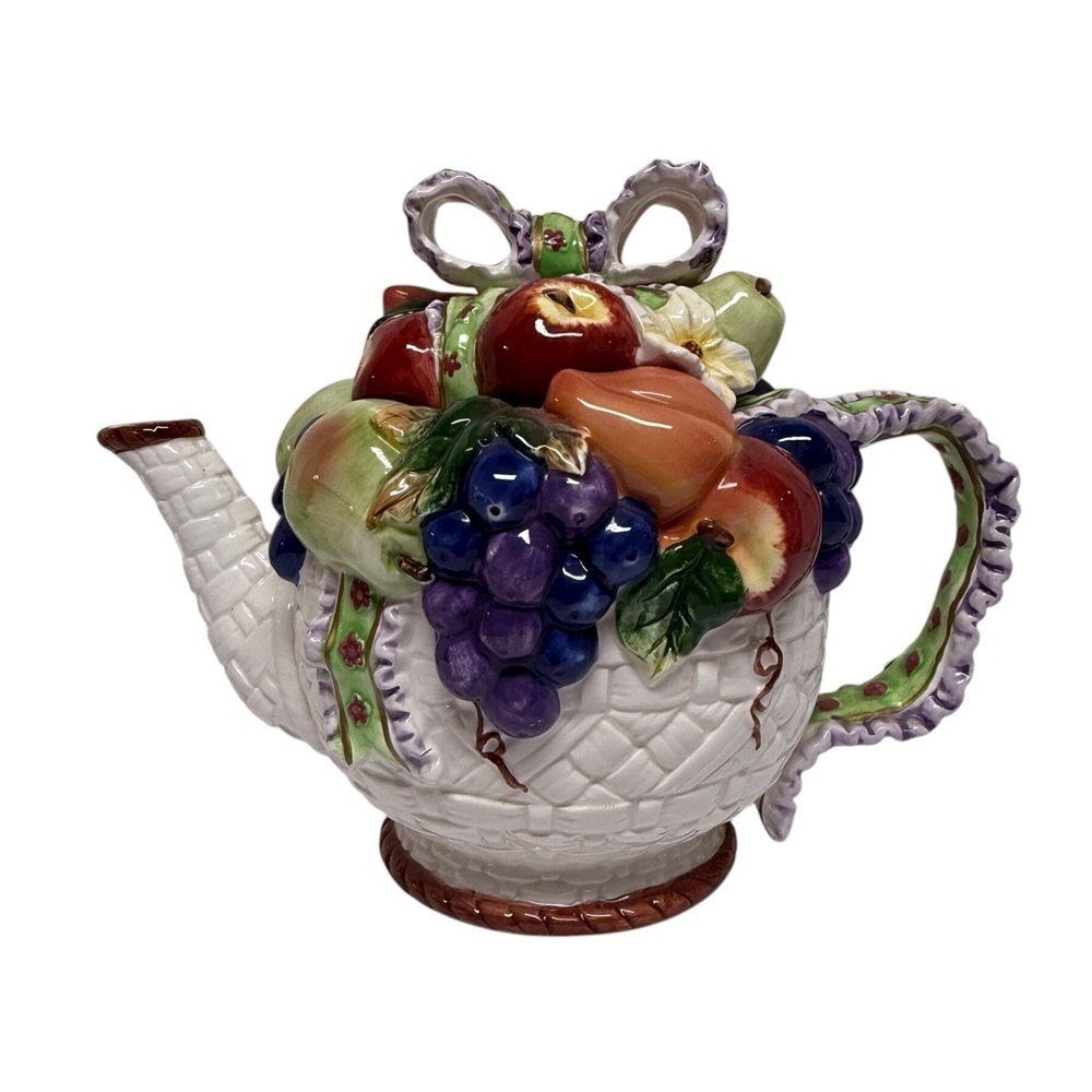 Fruit-Themed Ceramic Teapot Embossed Multicolor EUC
